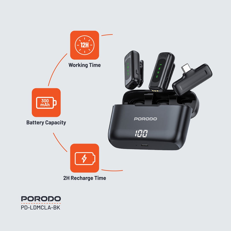 Porodo Lavalier Double Microphone with Charging Case - Black [O] - مايكروفون للتصوير - عدد 2 ميكروفون - منفذ شحن أيفون لايتينينغ + منفذ شحن تايب سي - بورودو - كفالة 24 شهر