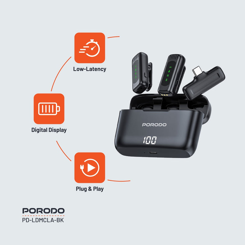 Porodo Lavalier Double Microphone with Charging Case - Black [O] - مايكروفون للتصوير - عدد 2 ميكروفون - منفذ شحن أيفون لايتينينغ + منفذ شحن تايب سي - بورودو - كفالة 24 شهر