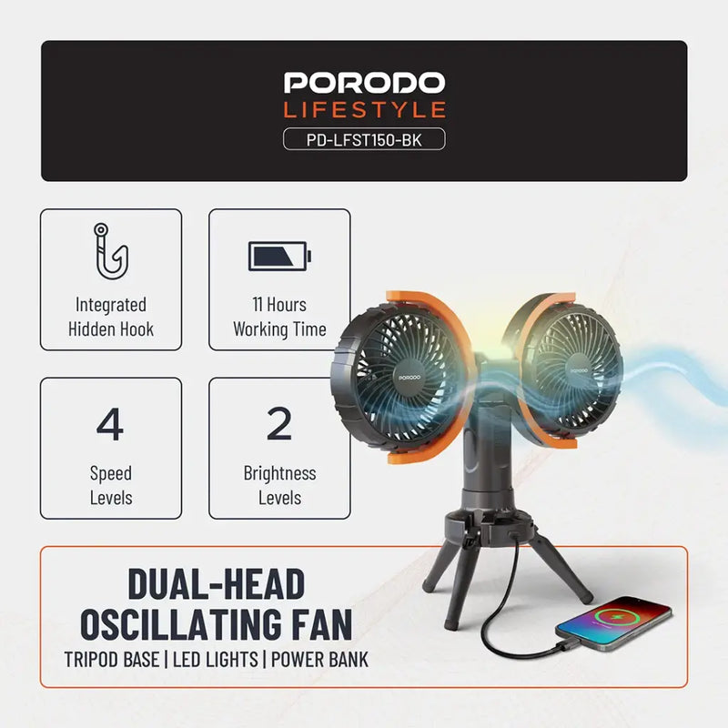 Porodo Lifestyle Dual-Head Oscillating Fan - Black [O] - باور بنك - قوة 8000+ مروحة صغيرة - 3 سرعات مختلفة - برودو -  كفالة 24 شهر