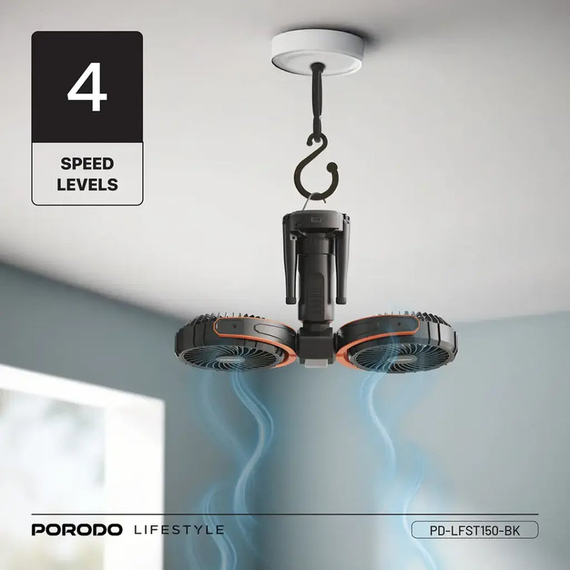 Porodo Lifestyle Dual-Head Oscillating Fan - Black [O] - باور بنك - قوة 8000+ مروحة صغيرة - 3 سرعات مختلفة - برودو -  كفالة 24 شهر