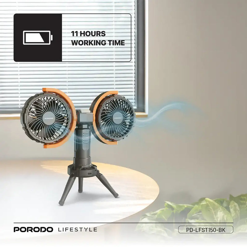 Porodo Lifestyle Dual-Head Oscillating Fan - Black [O] - باور بنك - قوة 8000+ مروحة صغيرة - 3 سرعات مختلفة - برودو -  كفالة 24 شهر