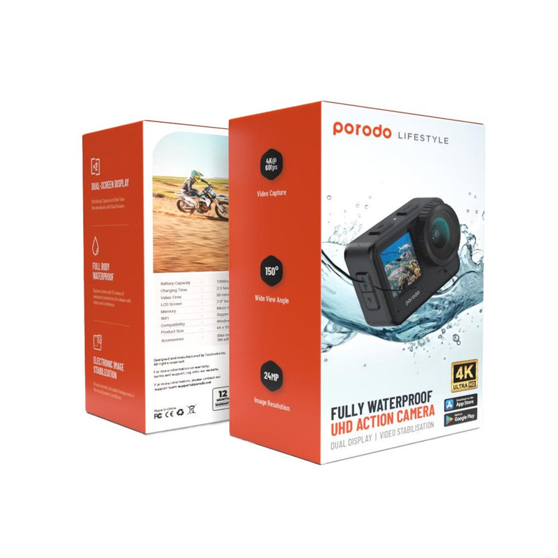 Porodo Lifestyle Fully Waterproof UHD Action Camera Dual Display With Video Stabilisation [O] -كاميرا - مقاومة كاملة للماء - برودو - كفالة 24 شهر -