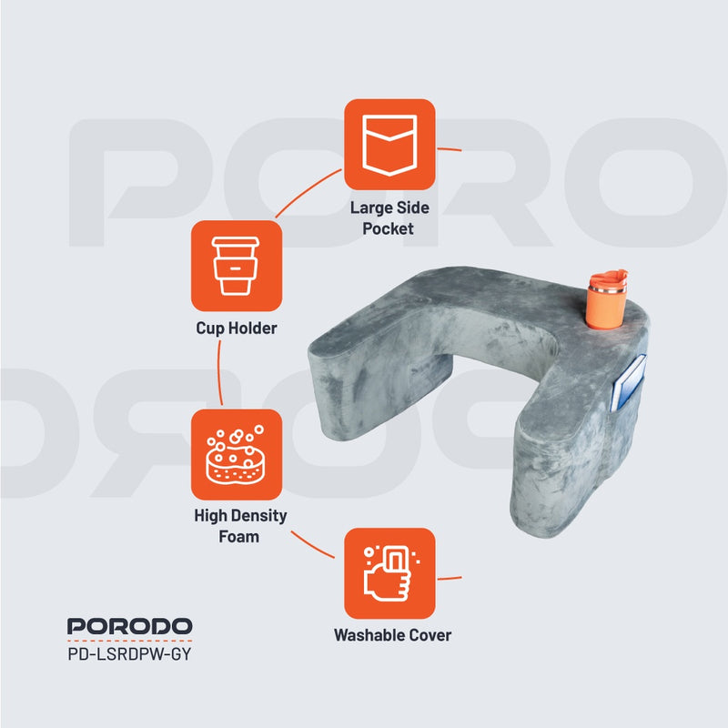 Porodo Lifestyle Lap Desk Pillow - Grey  [O] - ستاند منزلي \ خارجي - للجلسات الارضية - الخارجية - مناسب لجميع انواع الاجهزة - يحتوي على مكان للكوب