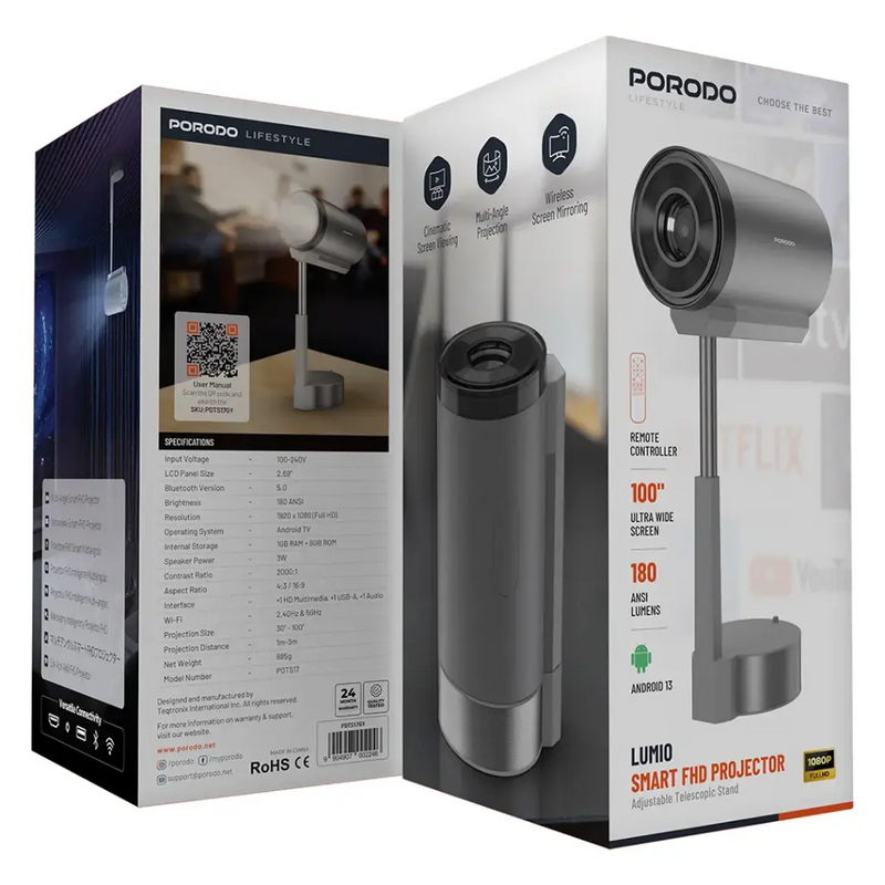 Porodo Lifestyle Lumio Smart FHD Projector - Gray [O] - بروجكتور متنقل - بورودو - كفالة 24 شهر