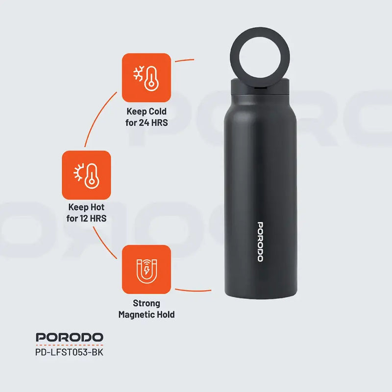 Porodo Lifestyle Magnetic Mount Water Bottle - 700ml - Black [O] - مطارة حافظة للحرارة - ستاند ماغ سيف - بورودو