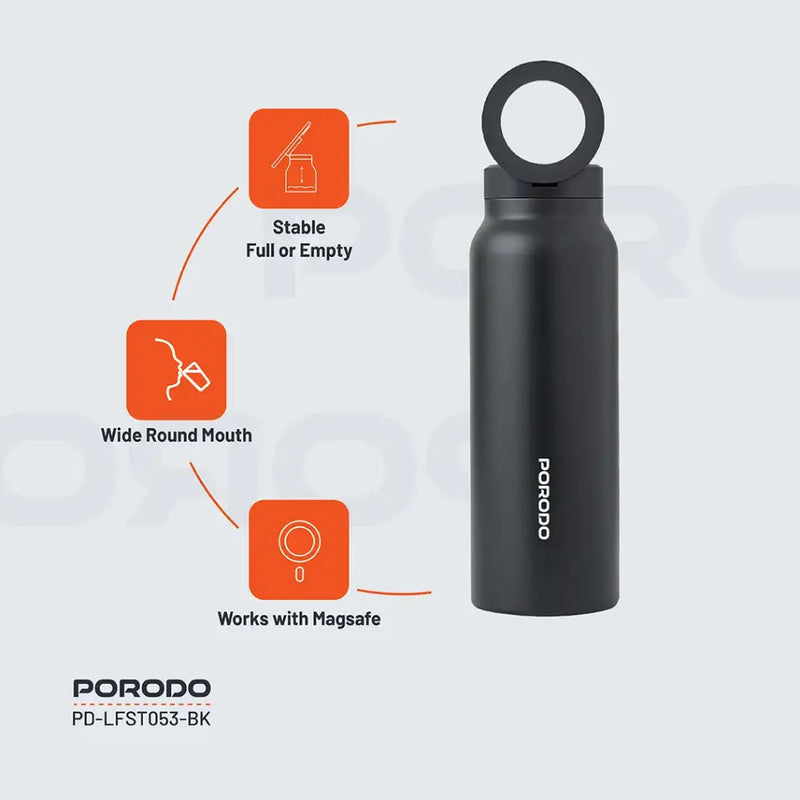 Porodo Lifestyle Magnetic Mount Water Bottle - 700ml - Black [O] - مطارة حافظة للحرارة - ستاند ماغ سيف - بورودو