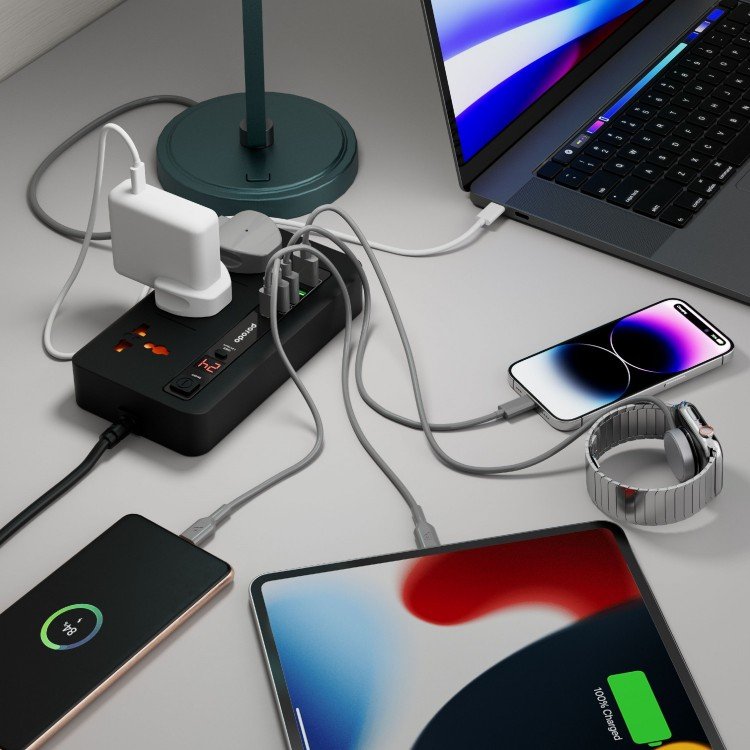 Porodo Multi-Port Power HUB 4 USB-A/USB-C Ultimate Home & Office Kit 2M - Black [O] - موزع شاحن حائط - 3 فتحات للكهرباء - 4 فتحتين يو اس بي - 1 فتحات تايب سي - طول 2 متر -  8 في 1 - كفالة 12 شهر