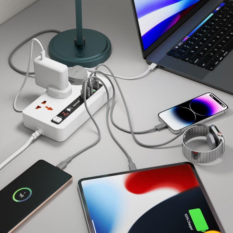 Porodo Multi-Port Power HUB 4 USB-A/USB-C Ultimate Home & Office Kit 2M - white [O] - موزع شاحن حائط - 3 فتحات للكهرباء - 4 فتحتين يو اس بي - 1 فتحات تايب سي - طول 2 متر -  8 في 1 - كفالة 12 شهر