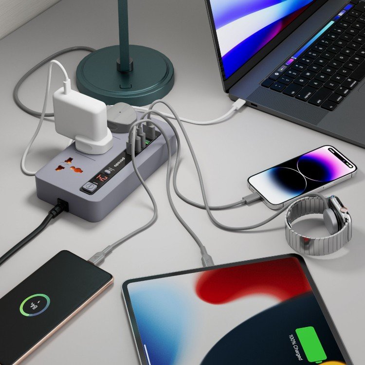 Porodo Multi-Port Power HUB 4 USB-A/USB-C Ultimate Home & Office Kit 2M - Gray [O] - موزع شاحن حائط - 3 فتحات للكهرباء - 4 فتحتين يو اس بي - 1 فتحات تايب سي - طول 2 متر -  8 في 1 - كفالة 12 شهر