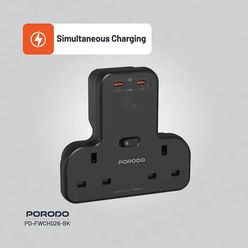 Porodo Multi-Port Wall Socket - 45W - Black - موزع بلاك حائط شحن - 2 فتحتين كهرباء - 2 فتحتين لشحن ذكي وسريع - قوة 45 واط - كفالة 24 شهر