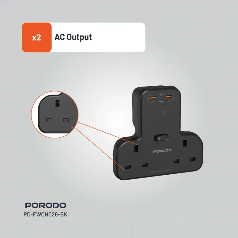 Porodo Multi-Port Wall Socket - 45W - Black - موزع بلاك حائط شحن - 2 فتحتين كهرباء - 2 فتحتين لشحن ذكي وسريع - قوة 45 واط - كفالة 24 شهر