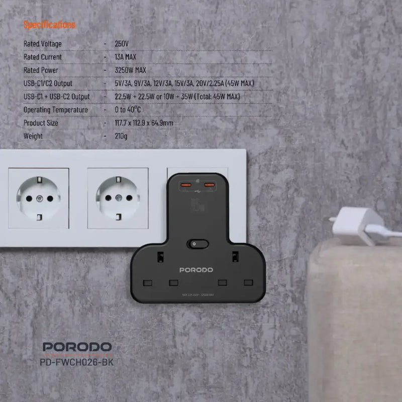 Porodo Multi-Port Wall Socket - 45W - Black - موزع بلاك حائط شحن - 2 فتحتين كهرباء - 2 فتحتين لشحن ذكي وسريع - قوة 45 واط - كفالة 24 شهر