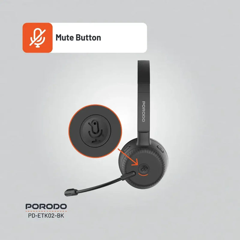 Porodo Office Wireless Headset - Black - سماعة رأس بلوتوث - مايكروفون - بورودو - كفالة 24 شهر