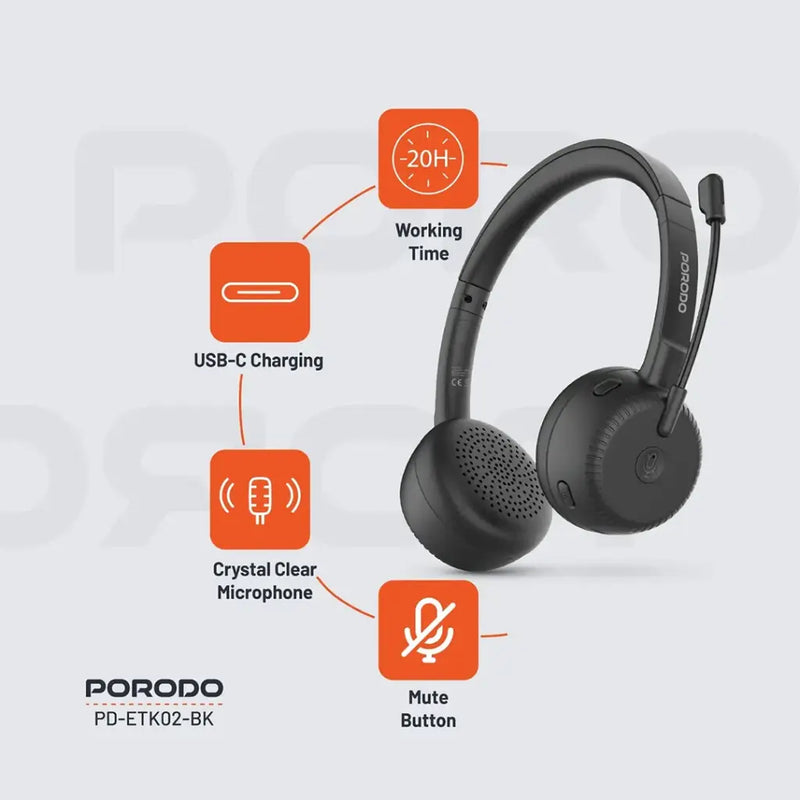 Porodo Office Wireless Headset - Black - سماعة رأس بلوتوث - مايكروفون - بورودو - كفالة 24 شهر