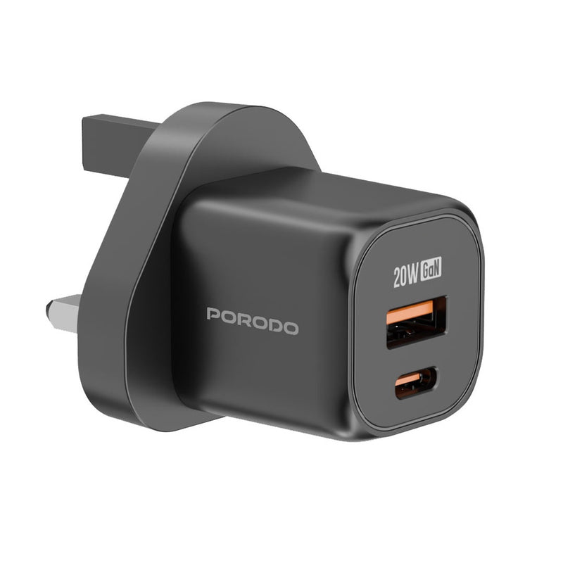 Porodo PD 20W USB QC3.0 UK Fast Charger - شاحن حائط - قوة 20 واط - 2 فتحتين للشحن السريع - 1 تايب سي بي دي - 1 يو اس بي  - كفالة 12 شهر