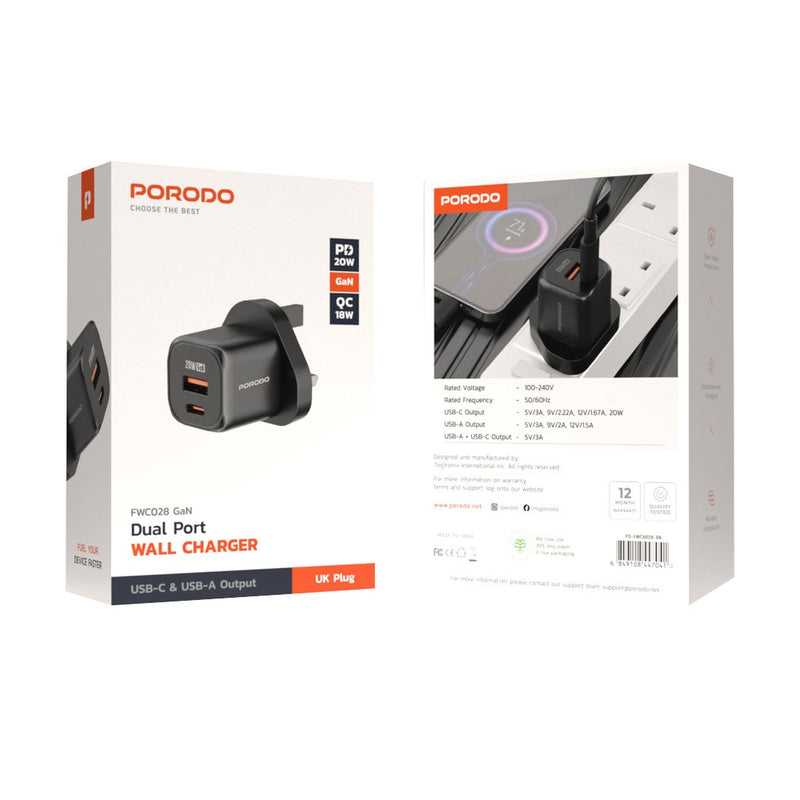 Porodo PD 20W USB QC3.0 UK Fast Charger - شاحن حائط - قوة 20 واط - 2 فتحتين للشحن السريع - 1 تايب سي بي دي - 1 يو اس بي  - كفالة 12 شهر