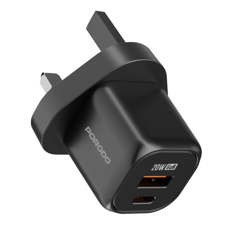 Porodo PD 20W USB QC3.0 UK Fast Charger - شاحن حائط - قوة 20 واط - 2 فتحتين للشحن السريع - 1 تايب سي بي دي - 1 يو اس بي  - كفالة 12 شهر