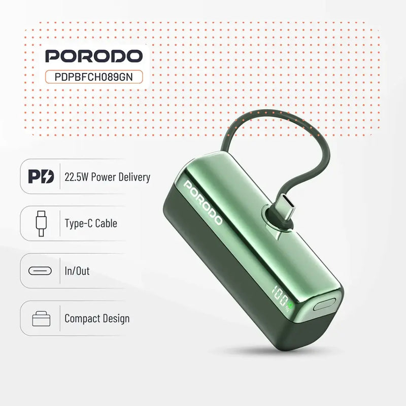 Porodo Pocket Volt 5000mAh Power Bank - Green [O] - بطارية متنقلة - مع شاحن تايب سي - سعة 5 ألاف مللي امبير + شاشة رقميه - لأجهزة الاندرويد والايفون 15 والايفون 16 والايفون 17 - كفالة 24 شهر