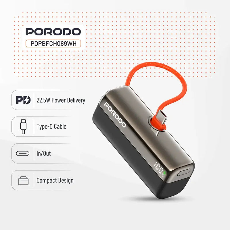 Porodo Pocket Volt 5000mAh Power Bank - Black [O] - بطارية متنقلة - مع شاحن تايب سي - سعة 5 ألاف مللي امبير + شاشة رقميه - لأجهزة الاندرويد والايفون 15 والايفون 16 والايفون 17 - كفالة 24 شهر