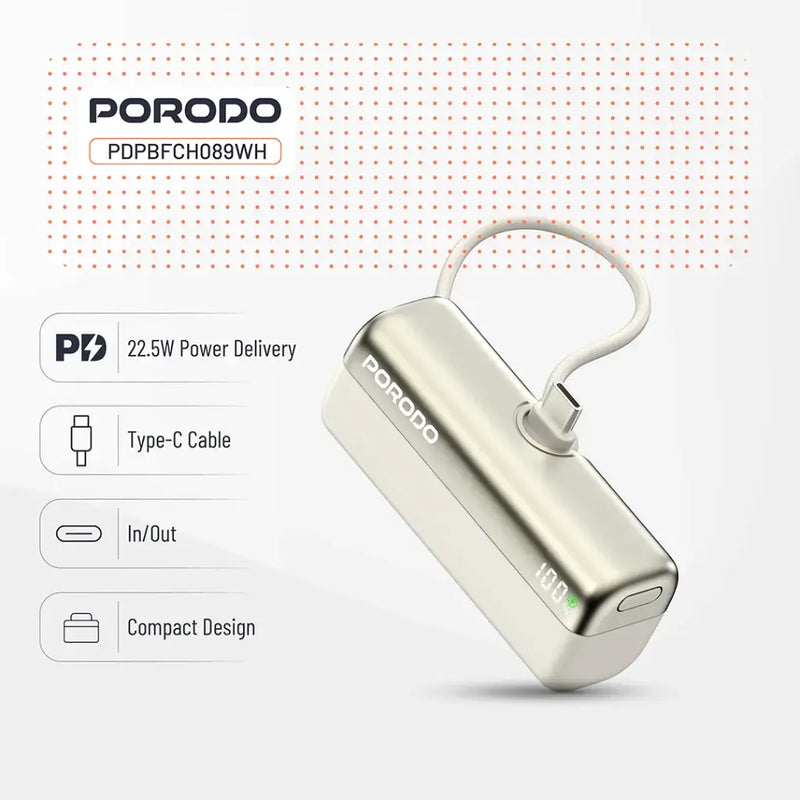 Porodo Pocket Volt 5000mAh Power Bank - White [O] - بطارية متنقلة - مع شاحن تايب سي - سعة 5 ألاف مللي امبير + شاشة رقميه - لأجهزة الاندرويد والايفون 15 والايفون 16 والايفون 17 - كفالة 24 شهر