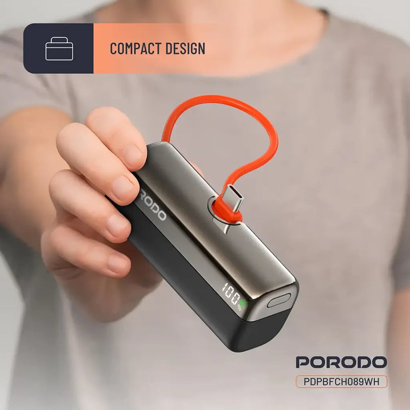 Porodo Pocket Volt 5000mAh Power Bank - Black [O] - بطارية متنقلة - مع شاحن تايب سي - سعة 5 ألاف مللي امبير + شاشة رقميه - لأجهزة الاندرويد والايفون 15 والايفون 16 والايفون 17 - كفالة 24 شهر