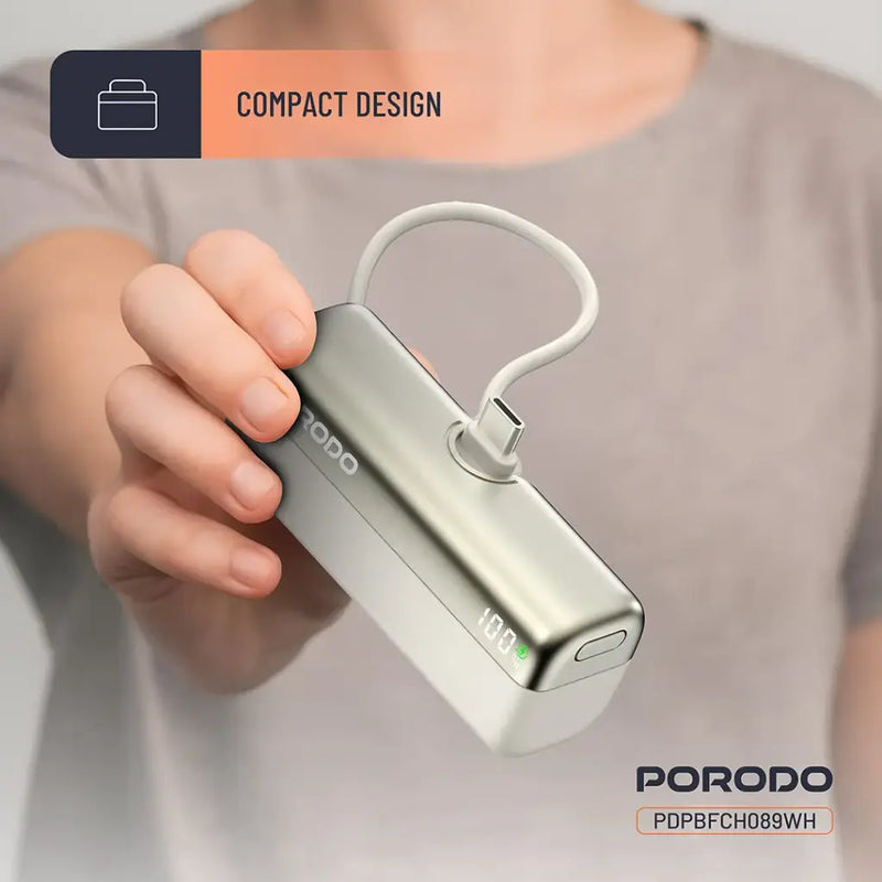 Porodo Pocket Volt 5000mAh Power Bank - White [O] - بطارية متنقلة - مع شاحن تايب سي - سعة 5 ألاف مللي امبير + شاشة رقميه - لأجهزة الاندرويد والايفون 15 والايفون 16 والايفون 17 - كفالة 24 شهر