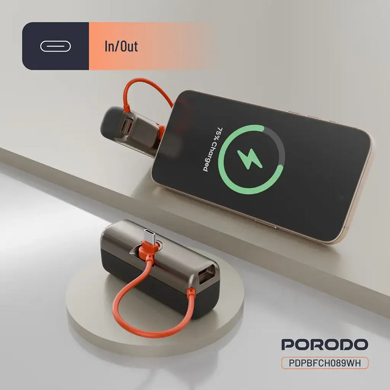 Porodo Pocket Volt 5000mAh Power Bank - Black [O] - بطارية متنقلة - مع شاحن تايب سي - سعة 5 ألاف مللي امبير + شاشة رقميه - لأجهزة الاندرويد والايفون 15 والايفون 16 والايفون 17 - كفالة 24 شهر