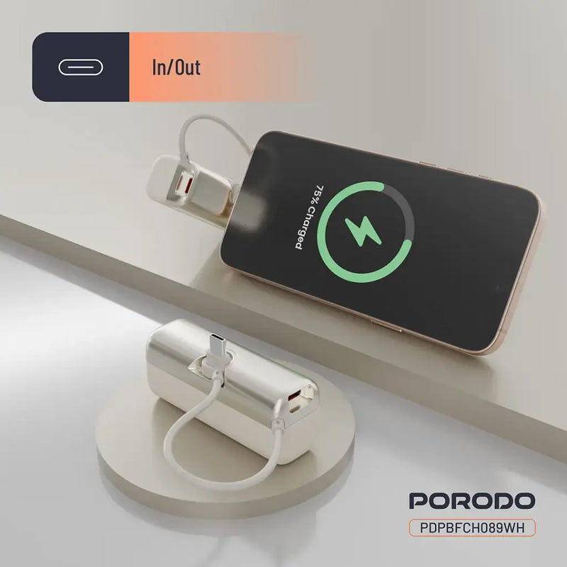 Porodo Pocket Volt 5000mAh Power Bank - White [O] - بطارية متنقلة - مع شاحن تايب سي - سعة 5 ألاف مللي امبير + شاشة رقميه - لأجهزة الاندرويد والايفون 15 والايفون 16 والايفون 17 - كفالة 24 شهر