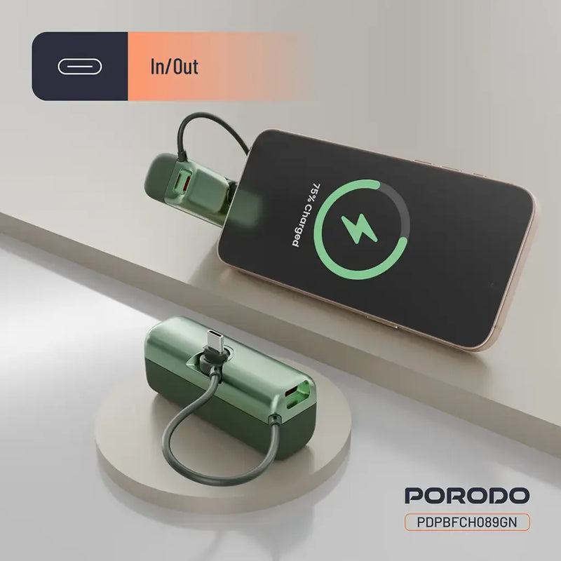 Porodo Pocket Volt 5000mAh Power Bank - Green [O] - بطارية متنقلة - مع شاحن تايب سي - سعة 5 ألاف مللي امبير + شاشة رقميه - لأجهزة الاندرويد والايفون 15 والايفون 16 والايفون 17 - كفالة 24 شهر