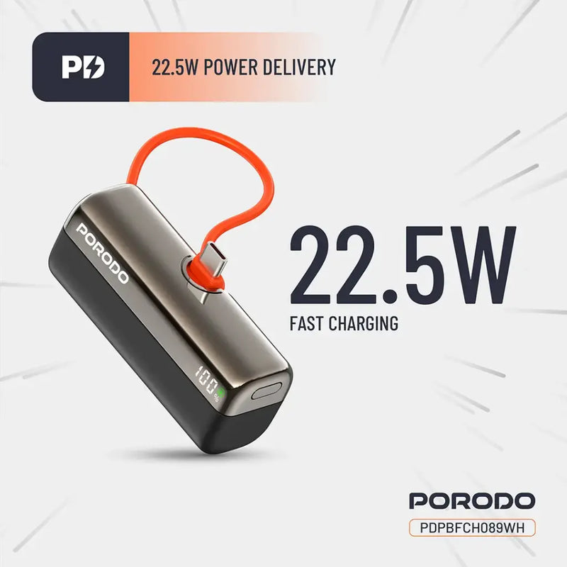 Porodo Pocket Volt 5000mAh Power Bank - Black [O] - بطارية متنقلة - مع شاحن تايب سي - سعة 5 ألاف مللي امبير + شاشة رقميه - لأجهزة الاندرويد والايفون 15 والايفون 16 والايفون 17 - كفالة 24 شهر