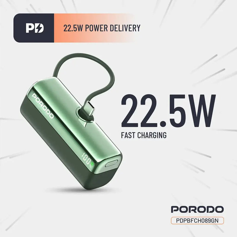 Porodo Pocket Volt 5000mAh Power Bank - Green [O] - بطارية متنقلة - مع شاحن تايب سي - سعة 5 ألاف مللي امبير + شاشة رقميه - لأجهزة الاندرويد والايفون 15 والايفون 16 والايفون 17 - كفالة 24 شهر
