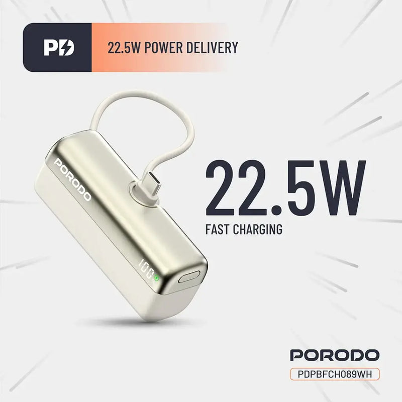 Porodo Pocket Volt 5000mAh Power Bank - White [O] - بطارية متنقلة - مع شاحن تايب سي - سعة 5 ألاف مللي امبير + شاشة رقميه - لأجهزة الاندرويد والايفون 15 والايفون 16 والايفون 17 - كفالة 24 شهر