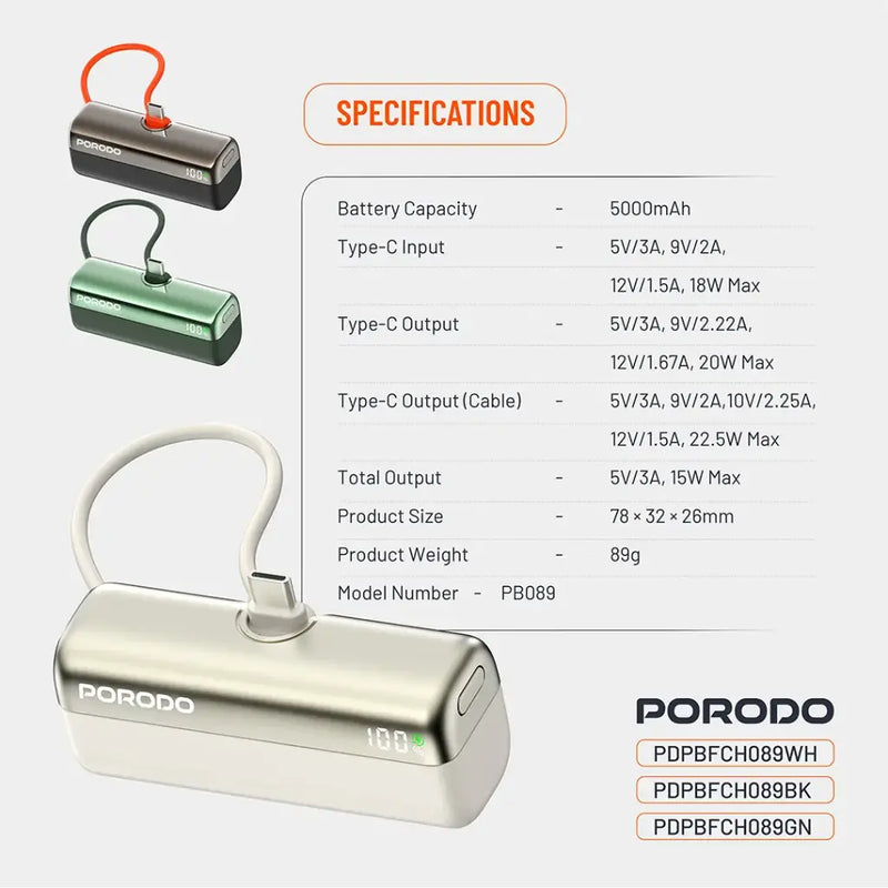 Porodo Pocket Volt 5000mAh Power Bank - White [O] - بطارية متنقلة - مع شاحن تايب سي - سعة 5 ألاف مللي امبير + شاشة رقميه - لأجهزة الاندرويد والايفون 15 والايفون 16 والايفون 17 - كفالة 24 شهر
