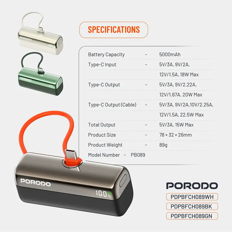 Porodo Pocket Volt 5000mAh Power Bank - Black [O] - بطارية متنقلة - مع شاحن تايب سي - سعة 5 ألاف مللي امبير + شاشة رقميه - لأجهزة الاندرويد والايفون 15 والايفون 16 والايفون 17 - كفالة 24 شهر