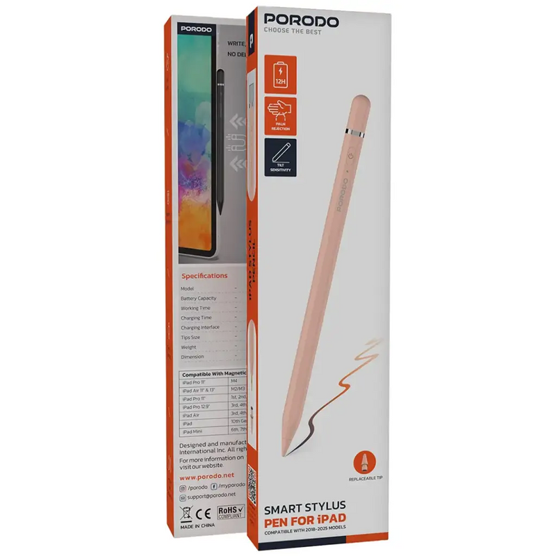 Porodo Smart Stylus Pen for iPad - Pink - قلم الكتروني - لجميع انواع الاجهزة - مغناطيس - كفالة 12 شهر