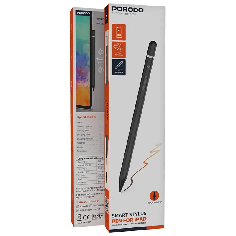 Porodo Smart Stylus Pen for iPad - Black - قلم الكتروني - لجميع انواع الاجهزة - مغناطيس - كفالة 12 شهر