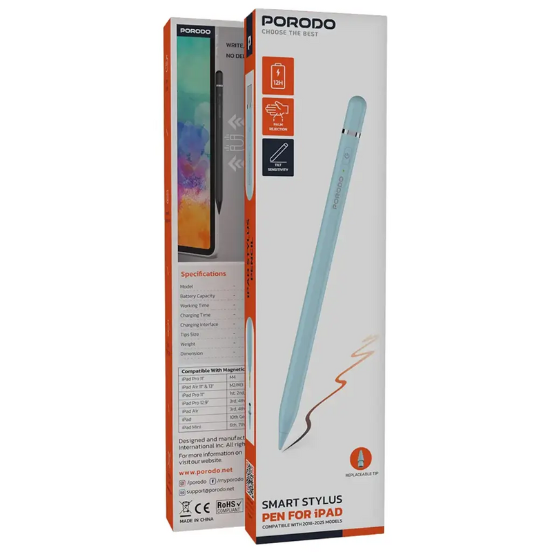 Porodo Smart Stylus Pen for iPad - Blue - قلم الكتروني - لجميع انواع الاجهزة - مغناطيس - كفالة 12 شهر
