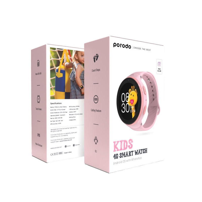 Porodo 4G Kids GPS Smart Watch with JuniCare app - Pink -  ساعة ذكية للأطفال  - تدعم شريحة الاتصال والتتبع