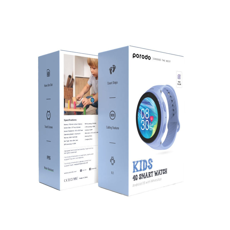 Porodo 4G Kids GPS Smart Watch with JuniCare app - Blue -  ساعة ذكية للأطفال  - تدعم شريحة الاتصال والتتبع