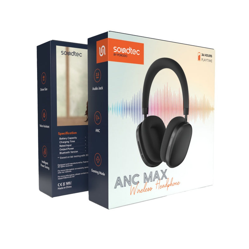 Porodo Soundtec Airpodmax ANC Headphone - Black - سماعة رأس بلوتوث - بورودو - كفالة 24 شهر