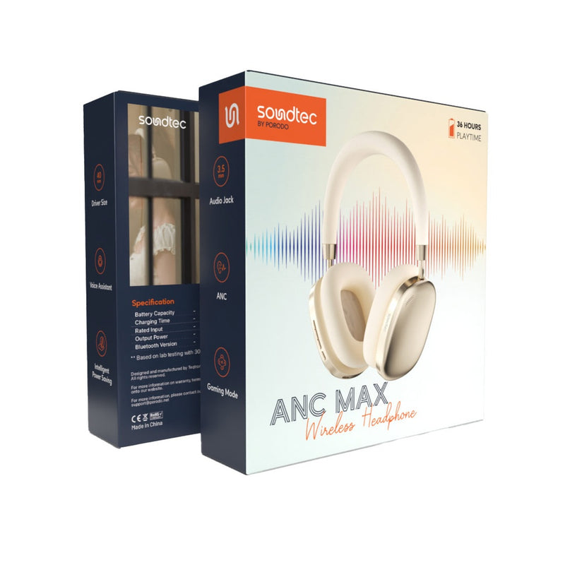 Porodo Soundtec Airpodmax ANC Headphone - Gold - سماعة رأس بلوتوث - بورودو - كفالة 24 شهر