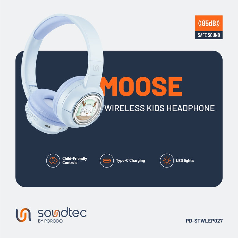 Porodo Soundtec Moose Wireless Kids Headphone - Blue - سماعة رأس بلوتوث - بورودو - كفالة 24 شهر