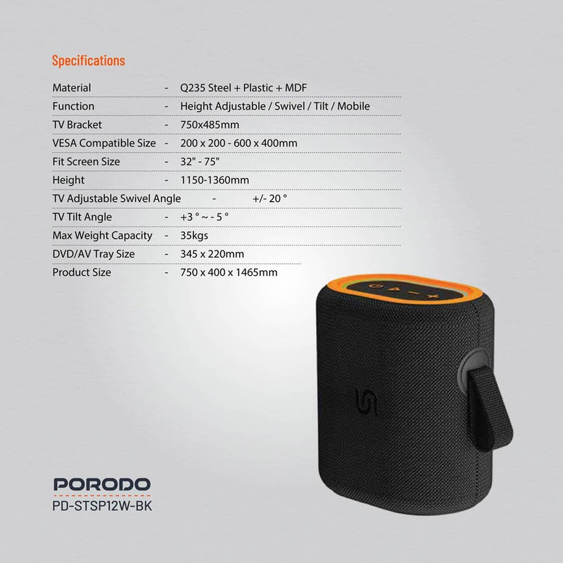 Porodo Soundtec Rave Portable Speaker [O] - سماعة سبيكر - صغيرة الحجم - كفالة 24 شهر