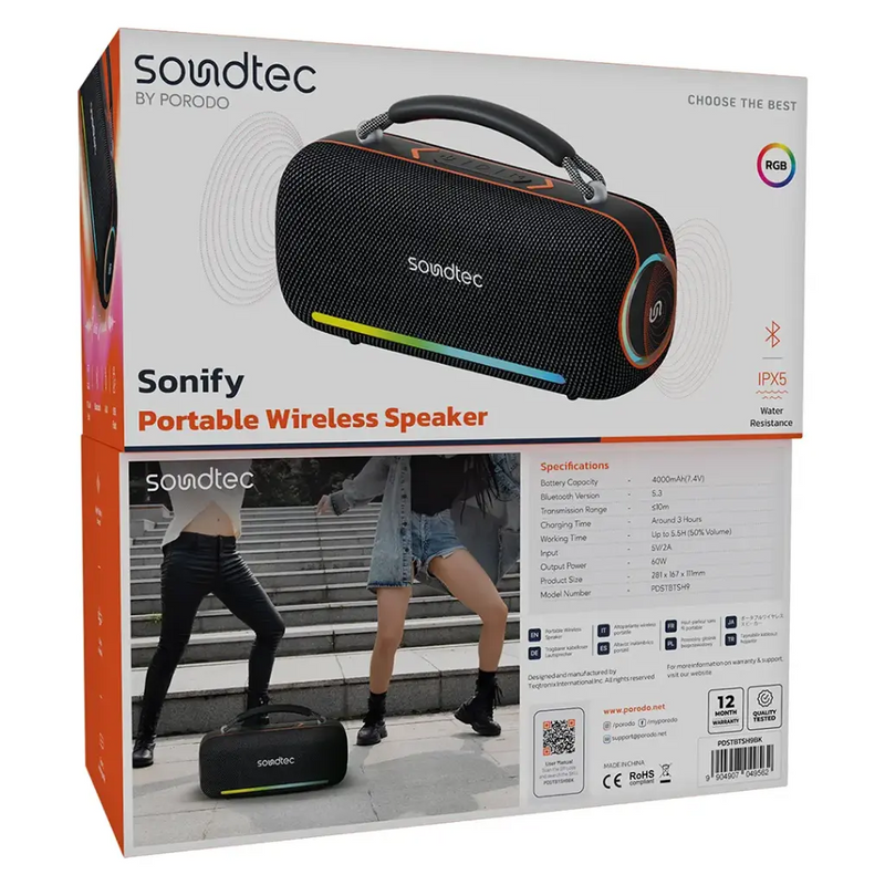 Porodo Soundtec Sonify Portable Wireless Speaker - Black [O] - سبيكر مكبر صوت - برودو - كفالة 24 شهر
