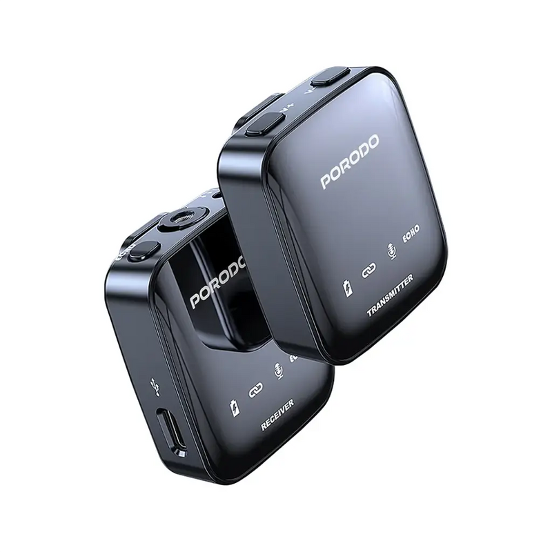 Porodo Two-Device Connect Handheld Lavalier Microphone - Black [O] - ميكروفون - تصوير - خاصية استقبال الصوت من جميع الاتجاهات - بورودو - كفالة 24 شهر