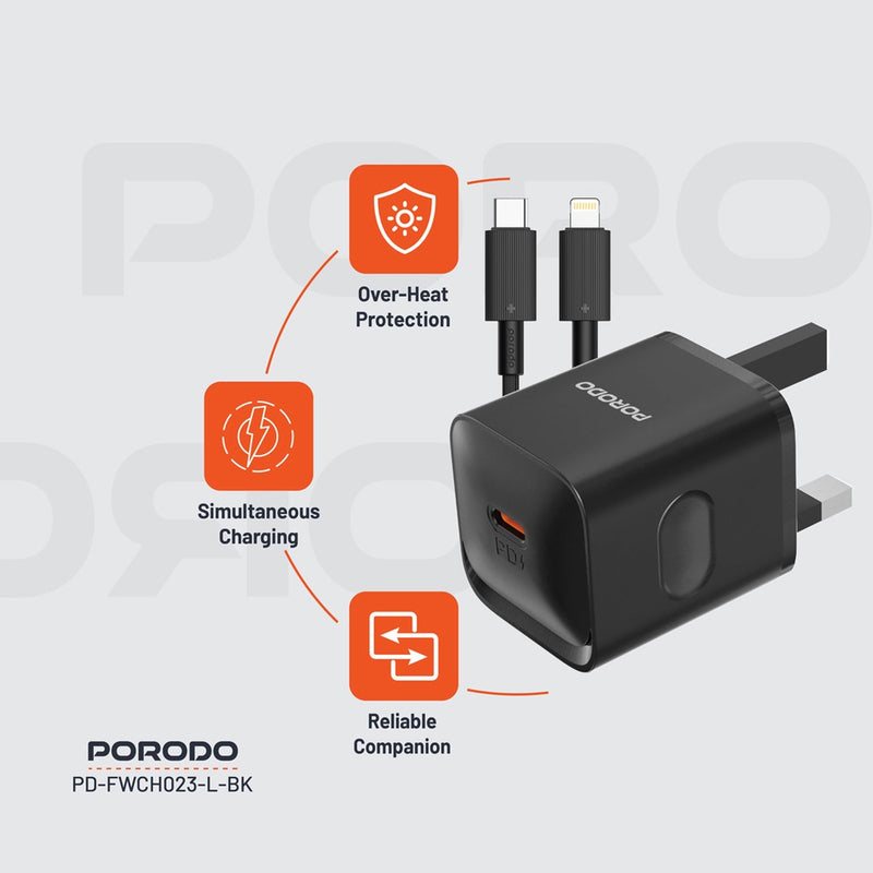 Porodo USB-C Power Delivery Wall Charger with Lightning Cable - Black - بلاك شاحن حائط + سلك شحن ايفون - تايب سي - بورودو - كفالة 12 شهر