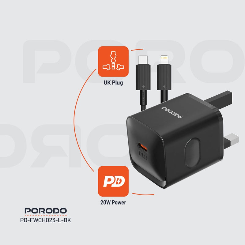 Porodo USB-C Power Delivery Wall Charger with Lightning Cable - Black - بلاك شاحن حائط + سلك شحن ايفون - بورودو - كفالة 12 شهر