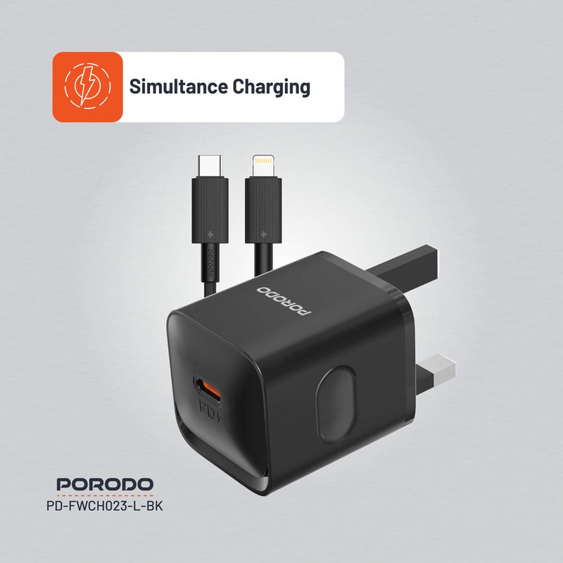 Porodo USB-C Power Delivery Wall Charger with Lightning Cable - Black - بلاك شاحن حائط + سلك شحن ايفون - بورودو - كفالة 12 شهر