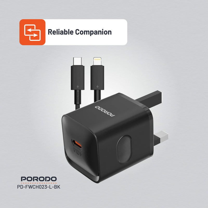 Porodo USB-C Power Delivery Wall Charger with Lightning Cable - Black - بلاك شاحن حائط + سلك شحن ايفون - بورودو - كفالة 12 شهر