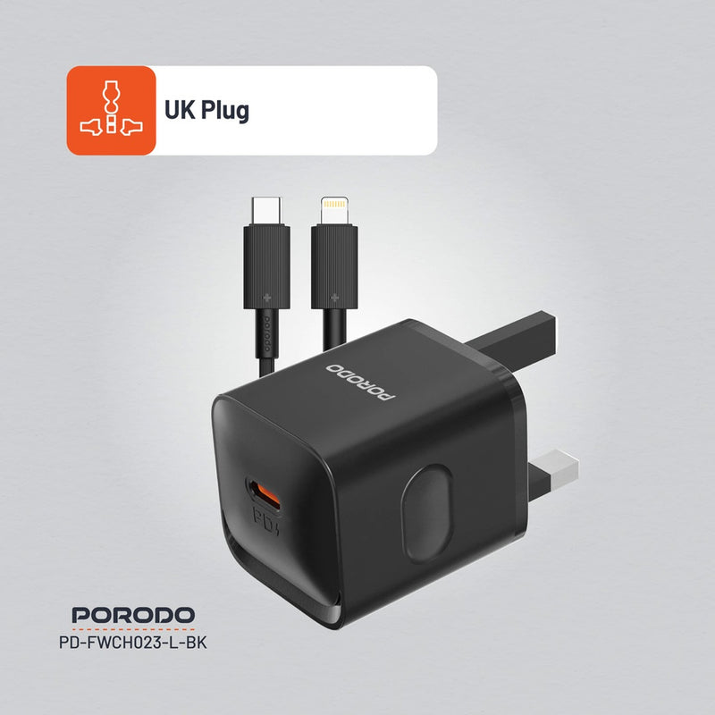 Porodo USB-C Power Delivery Wall Charger with Lightning Cable - Black - بلاك شاحن حائط + سلك شحن ايفون - بورودو - كفالة 12 شهر